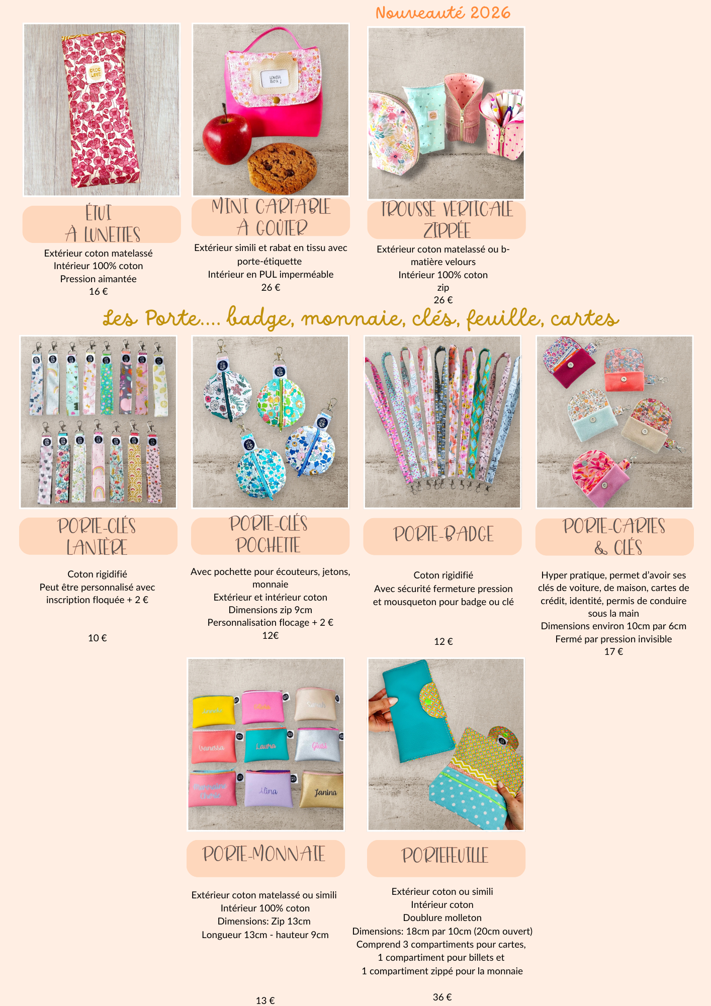 catalogue des accessoires et créations textiles Croc Love, plumiers, trousses, porte-clés, portefeuille, porte-cartes