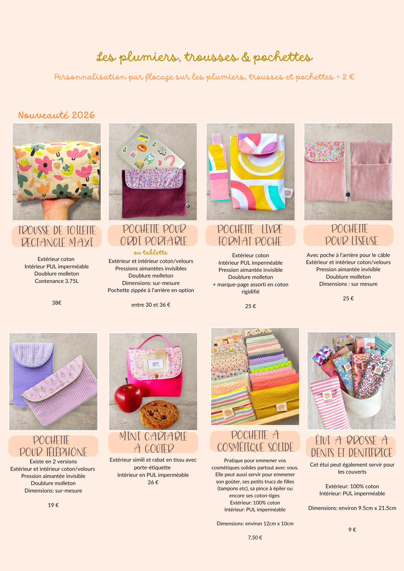 catalogue des accessoires et créations textiles Croc Love, plumiers, trousses, pochettes liseuse, brosse à dents, porte-monnaie, housse pour pc ou pour tablette